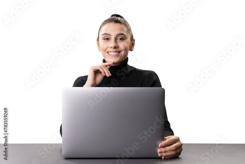 A smiling businesswoman at a table with a laptop, on a white background, representing a professional online work concept