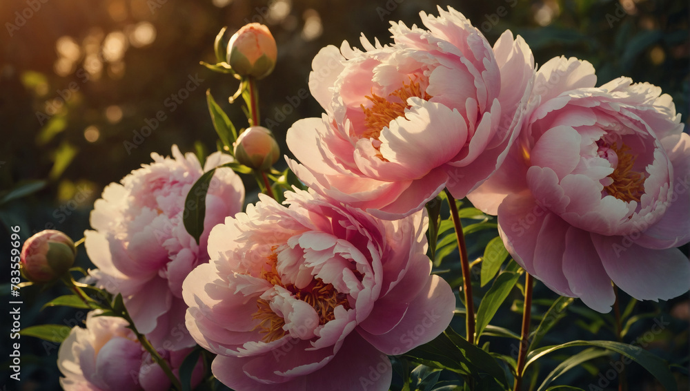 Majestic peonies in a golden hour gradient, basking in the soft glow of evening light.