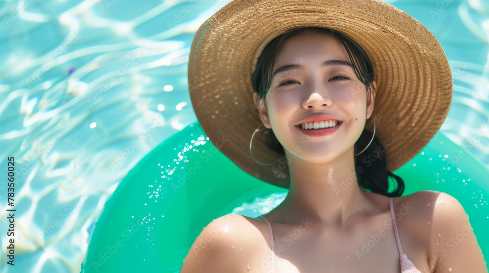 Portrait of happy young asian woman in a green rubber swimming pool ring on at hotel club swimming pool during summer vacation in asia
