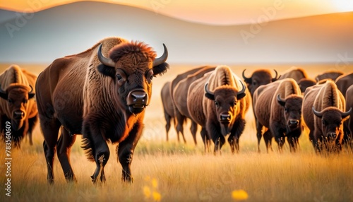 A herd of bison moves across the grassland, the forefront bison gazing intently, with a warm sunset backdrop.. AI Generation