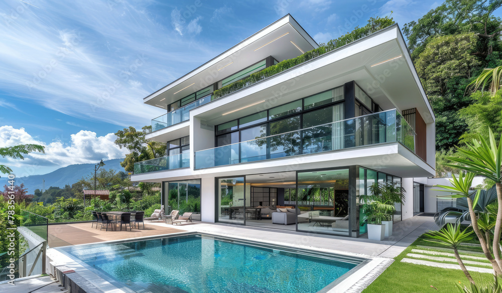 Modern two-story villa with white exterior walls, glass windows and a swimming pool in front of the house.