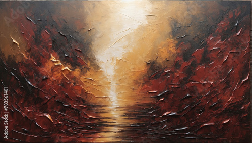 Moody abstract oil painting on canvas  with deep  rich tones evoking a sense of mystery.