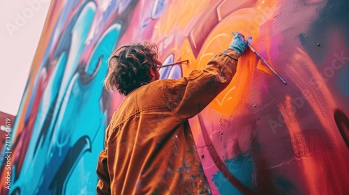 An artist painting a mural on an urban wall, colorful street art, creative expression in a city environment. Resplendent. © Summit Art Creations