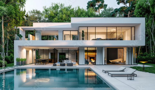 Modern two-story villa with white exterior walls, glass windows and a swimming pool in front of the house. © Kien