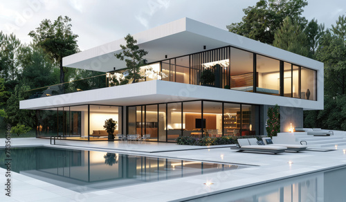 Modern two-story villa with white exterior walls, glass windows and a swimming pool in front of the house.