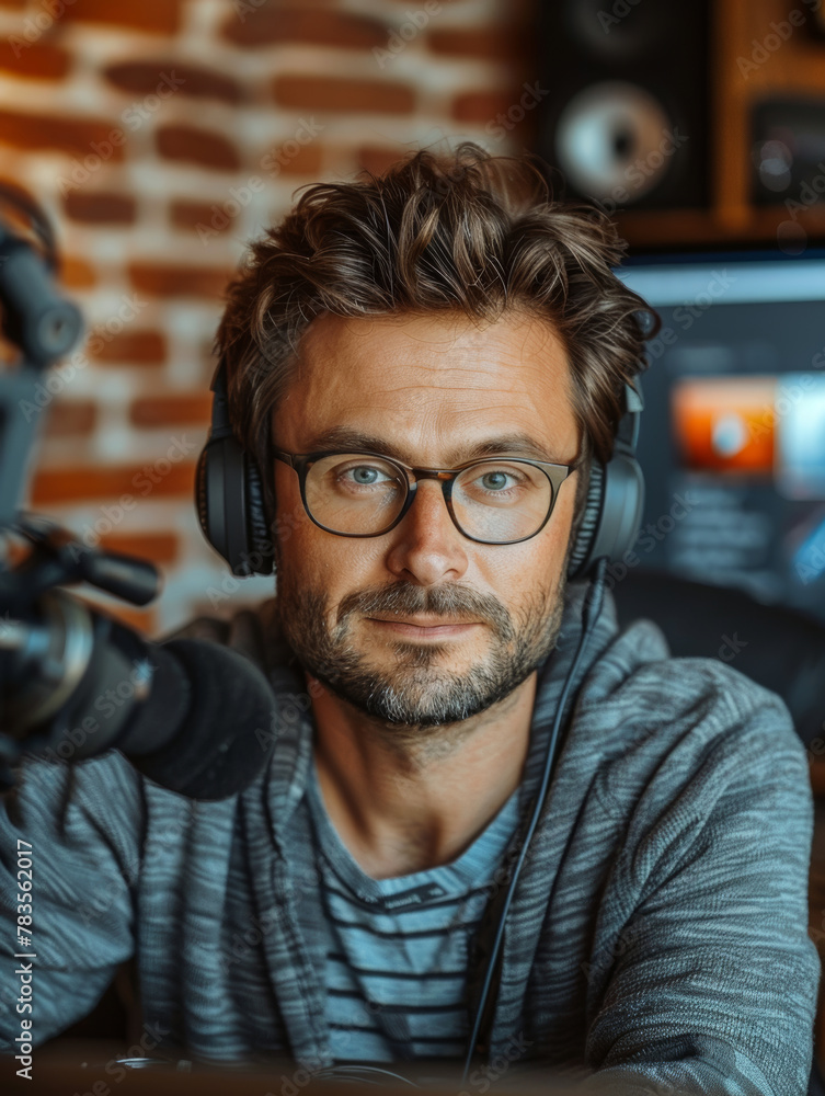 Podcast host engaged in recording session, surrounded by professional audio equipment. Podcast host engaged in recording session, surrounded by professional audio equipment.