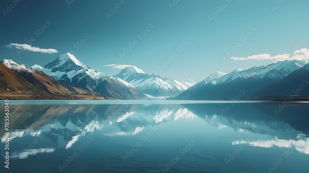 Mountains reflecting in the lake, Cinematic shot of water and snow on the sky.