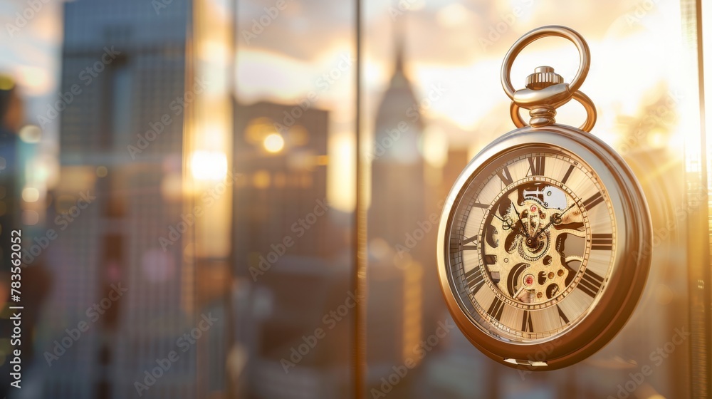 Golden pocket watch emphasizes time against busy financial district. Pocket watch set against financial towers, glowing in sunset.