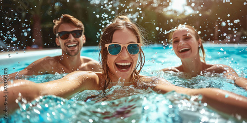 Joyful friends splashing in a pool on a sunlit day, capturing the essence of summer fun.