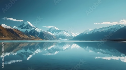 Mountains reflecting in the lake, Cinematic shot of water and snow on the sky. photo
