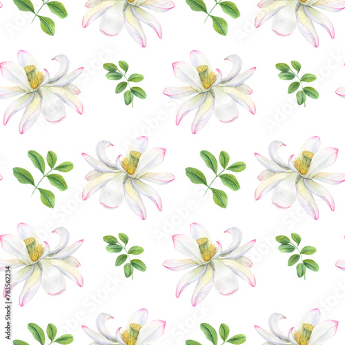 White lotus flowers with green tropical leaves. Seamless floral pattern. Waterlilies, clitoria leaf. Blooming exotic flowers. Watercolor illustration isolated on white background. For textile, package