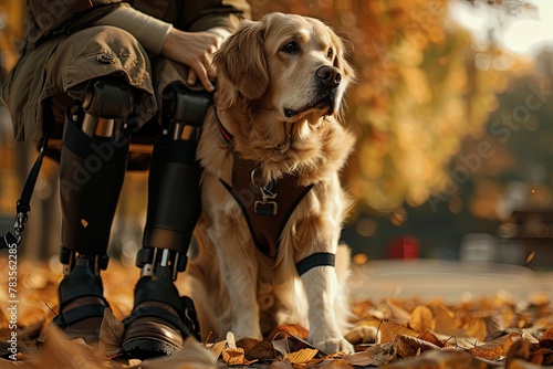 A loyal golden retriever service dog sits beside its owner, who has a prosthetic leg, amidst a carpet of fall leaves. Generative AI