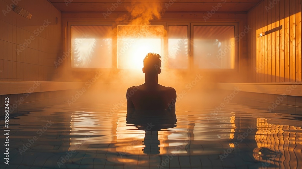 Relaxing detox in serene solitary sauna with tranquil wooden interior and glowing steam Relaxing detox in serene solitary sauna with tranquil wooden interior and glowing steam