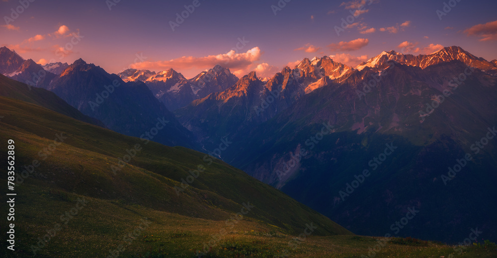 beautiful summer View of the Caucasus mountain range in Svaneti, Georgia