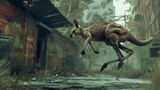 Agile kangaroo bounds through the abandoned streets of a once vibrant urban district