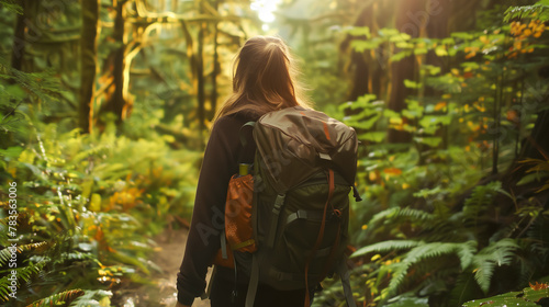 Hiker with backpack on a rejuvenating forest adventure, rays of light illuminating the lush undergrowth.