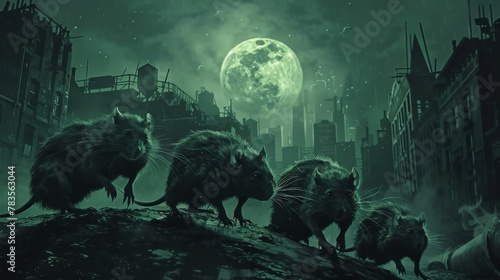 Rodent pack scavenges under a full moon in a hauntingly deserted urban landscape photo