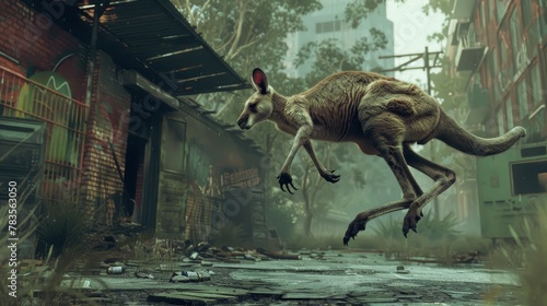 Agile kangaroo bounds through the abandoned streets of a once vibrant urban district