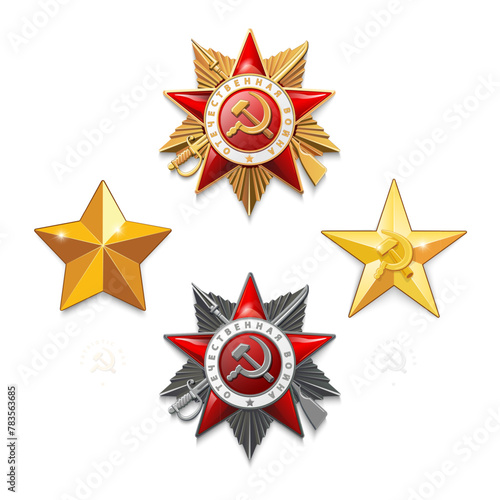 Order of the Patriotic War, 1st and 2nd degrees. Red, gold, silver stars. Medal Gold Star Hero, Hero of Socialist Labor, Hammer and Sickle USSR, inscription in English and Russian. Vector illustration