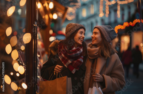 Two happy young women shopping in the city, holding bags and smiling at each other during Christmas time