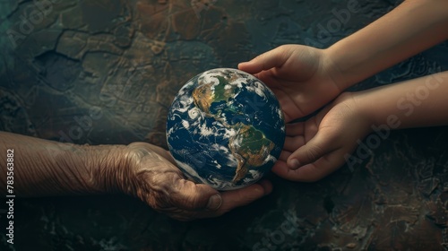 Old and young hands share Earth's weight, a timeless message of environmental inheritance and protection