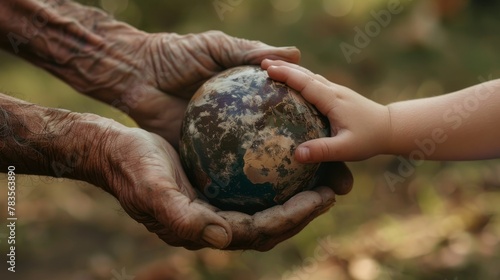 Old and young hands share Earth's weight, a timeless message of environmental inheritance and protection photo