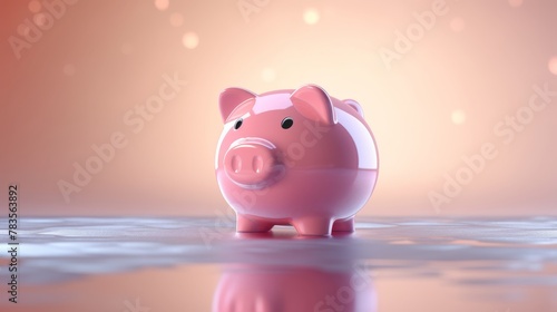 Pink piggy bank with a dejected expression, coins spread on a smooth surface, financial concept art