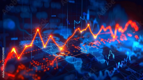 Stock Market Trends, Glowing in Blue and Purple Neon, Showcased with Dynamic Perspective and Depth in Financial Illustration.