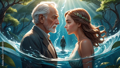 Artistic portrayal of a young woman and an older man, their profiles merging with a forest and waterway as a figure recedes in the background.. AI Generation photo