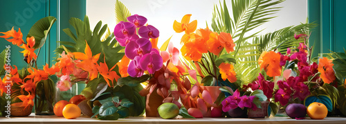 Arrange exotic tropical leaves and vibrant flowers