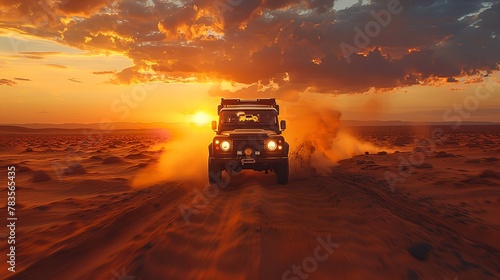 Off-road vehicles traversing a dusty desert. Generative Ai photo