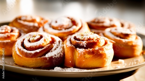 A plate with a bunch of cinnamon brownies with some sugar on it.