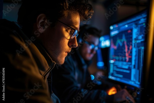 Focused Man Analyzing Data on Multiple Computer Screens
