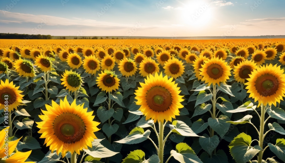 A vibrant field of sunflowers basking in the golden sunlight, creating a cheerful and lively scene.. AI Generation