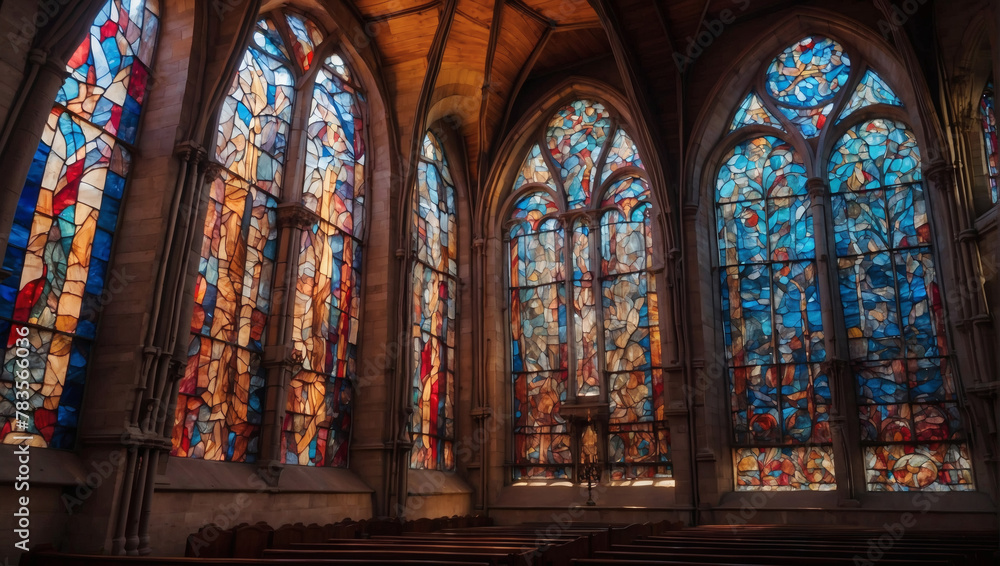 Multicolored layers evoking the intricate patterns of stained glass windows in a cathedral.