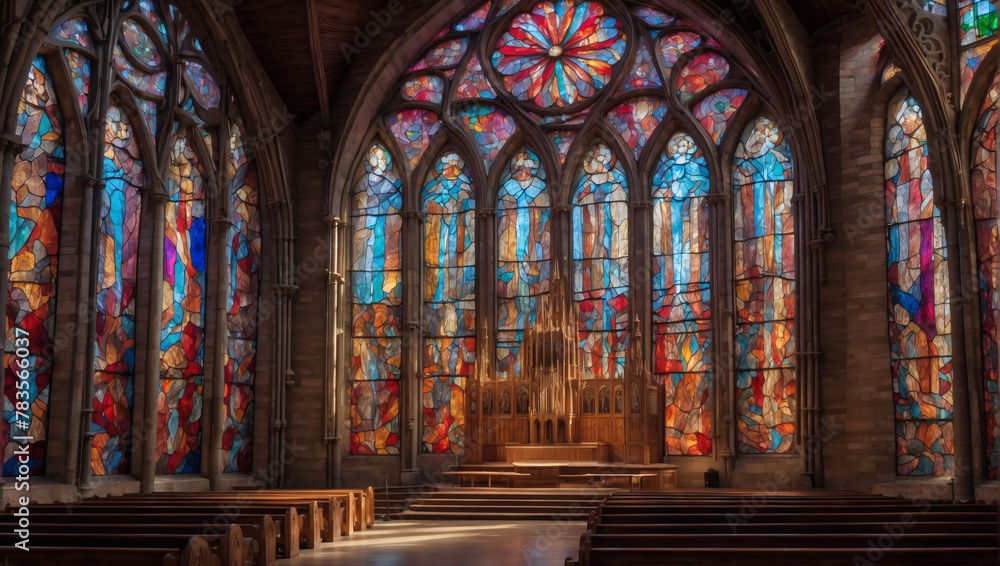 Multicolored layers evoking the intricate patterns of stained glass windows in a cathedral.