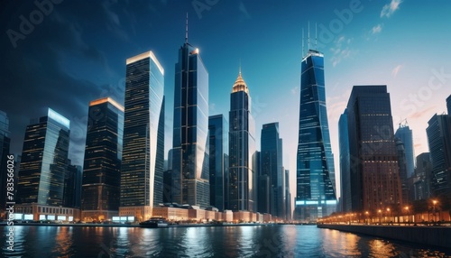 Majestic skyscrapers reflecting on calm waters at twilight, showcasing urban life and architectural brilliance.. AI Generation