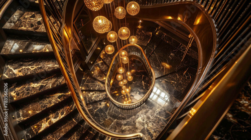 Crafting a staircase in rich chocolate brown tones, accented with shimmering gold details, for a luxurious and inviting ambiance in the lobby.