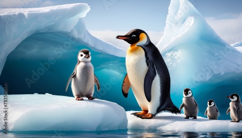 A family of penguins stands together on a floating iceberg surrounded by the vast blue ocean under a clear sky.. AI Generation