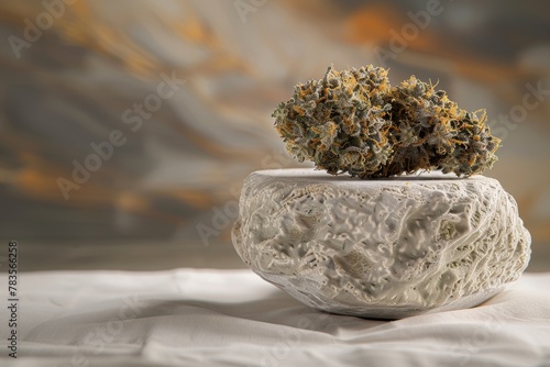 Sculpted Stone Bowl with Cannabis Bud on Fabric