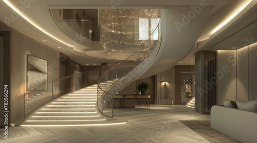 Crafting a staircase in shades of soft dove gray, accented with delicate crystal embellishments, for a glamorous and elegant look in the lobby.