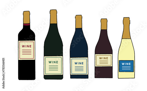 ボトル　ワイン　手書き　イラスト　セット　シンプル