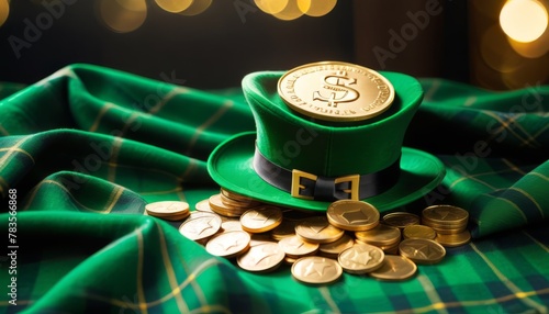 An iconic green hat emblazoned with a dollar sign sits atop gold coins, draped with a tartan fabric, under warm bokeh lighting.. AI Generation photo