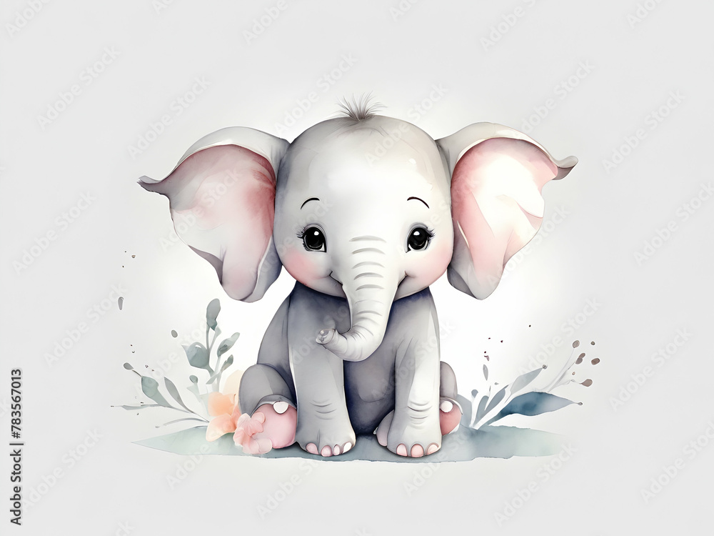 Very cute nursery stylized watercolour clip art, cute simple little elephant,cute very simple delicate watercolor, soft pastel colours, light grey contour, white transparent background Ai generative 