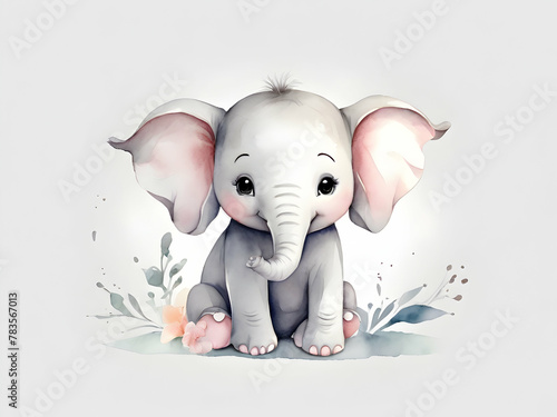Very cute nursery stylized watercolour clip art, cute simple little elephant,cute very simple delicate watercolor, soft pastel colours, light grey contour, white transparent background Ai generative 