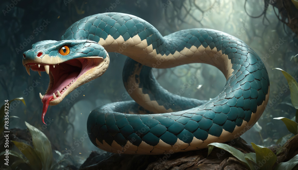 Fototapeta premium Fantasy Illustration of a wild snake. Digital art style wallpaper background.