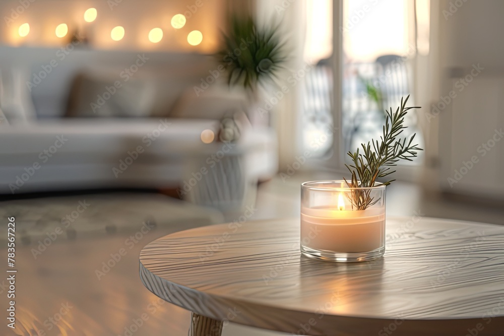 A Wooden Round Table with a Burning Candle and Fresh Flowers in a Glass Vase, Depicting a Modern Home Interior Design of a Living Room in a Cozy Home Concept. A Detailed Photograph. A Wooden Round Table with a Burning Candle and Fresh Flowers in a Glass Vase, Depicting a Modern Home Interior Design of a Living Room in a Cozy Home Concept. A Detailed Photograph.