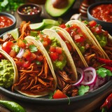 Mexican tacos of hard shelled tacos with ground beef, lettuce, tomatoes and cheese close up