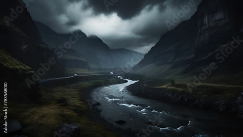 River gorge in the mountain and dark clouds