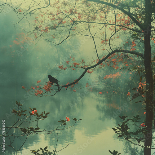 Autumn Leaves Floral Background: Vintage floral pattern with autumn leaves on the wall, featuring pink flowers and grunge texture